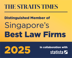 An award from The Straits Times and Statista that reads 'Distinguished Member of Singapore's Best Law Firms 2025'.