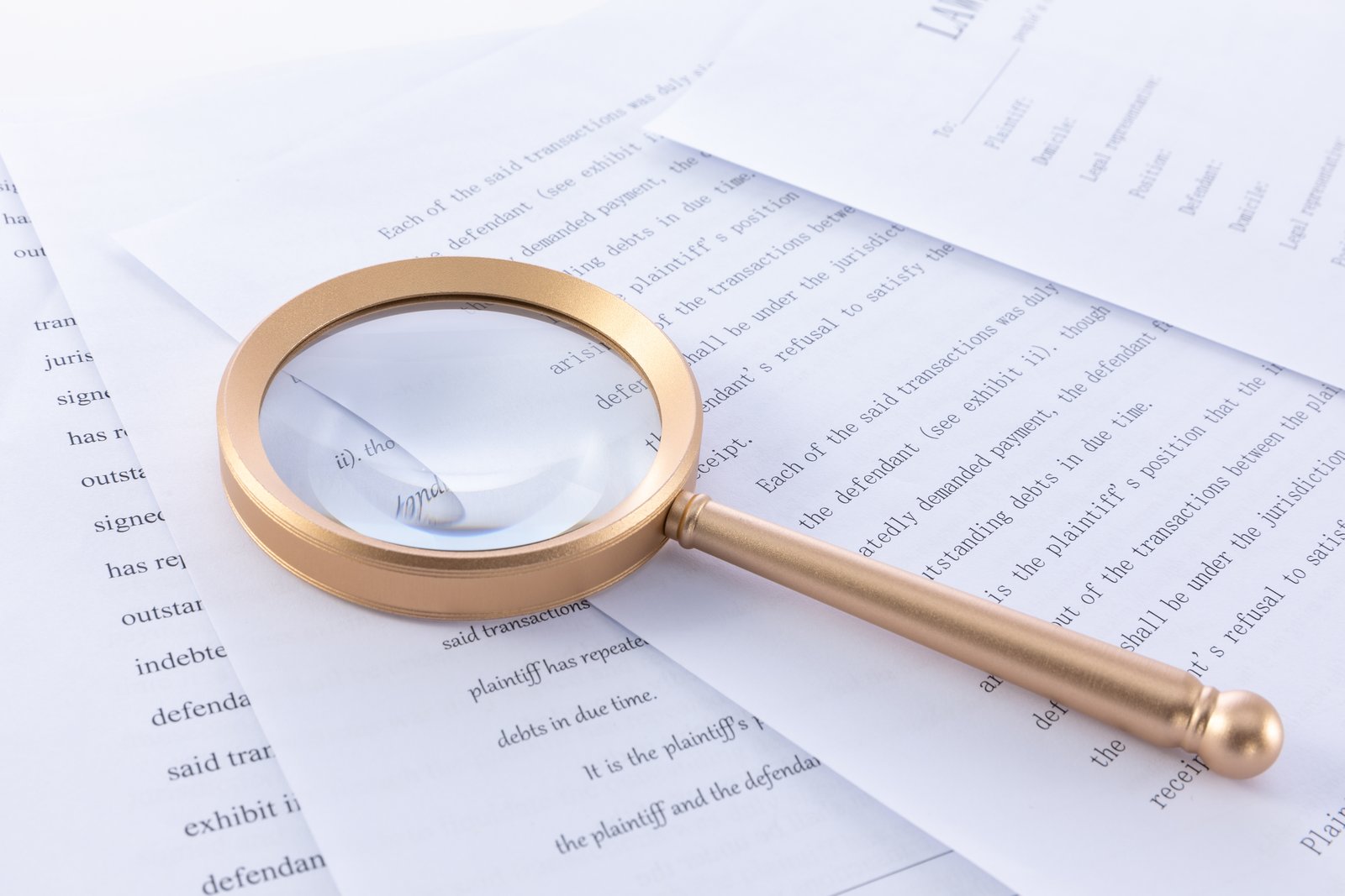 Magnifying glass resting on legal documents, representing an investigation into employment records