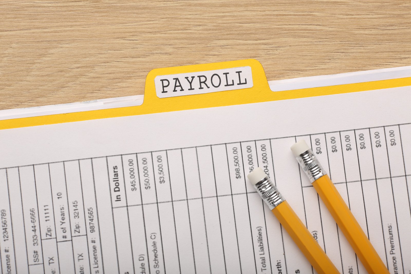 A payroll file tab sitting on a ledger of salary figures