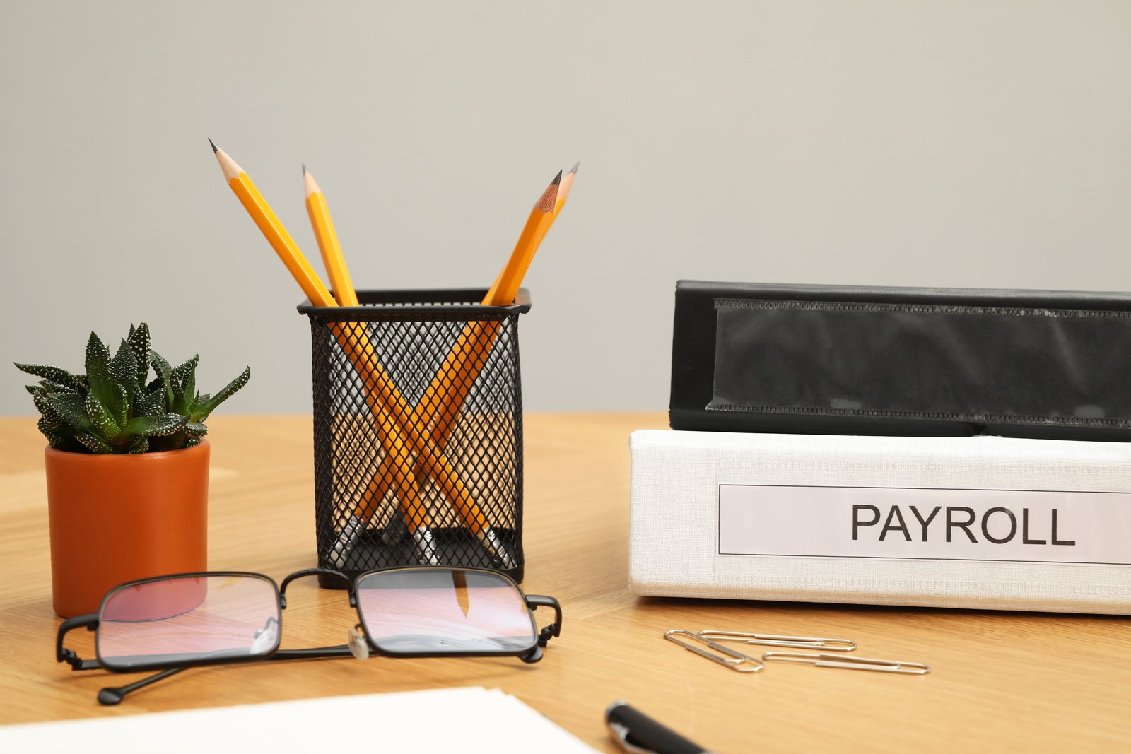 A payroll binder and stationery on a desk, representing employment records worth preserving
